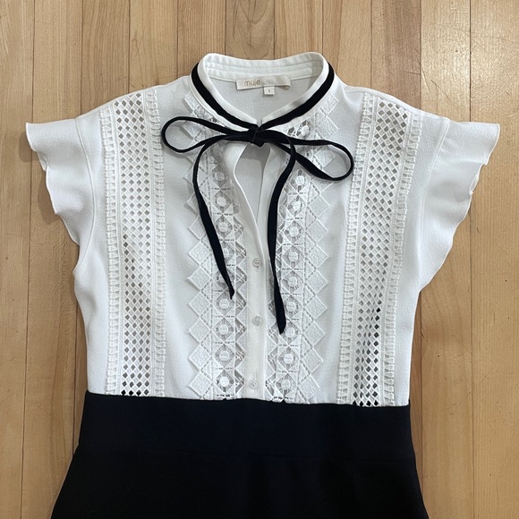 Maje Runo Two-Tone Lace-Inset Mini Dress with Ruffled Cap-Sleeve - Sz 1 (Small) - Picture 5 of 15